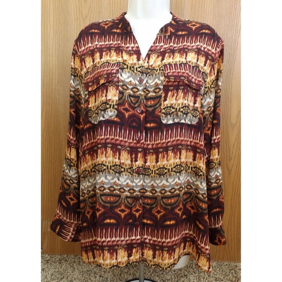 Bonworth Tops - BONWORTH V-Neck Flamestitch Button Down Blouse EUC